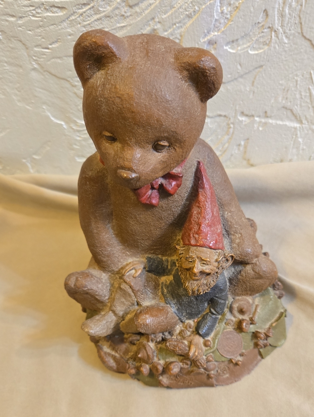 Tom Clark Rustic Brown Bear Sculpture with Red-Accented Gnome